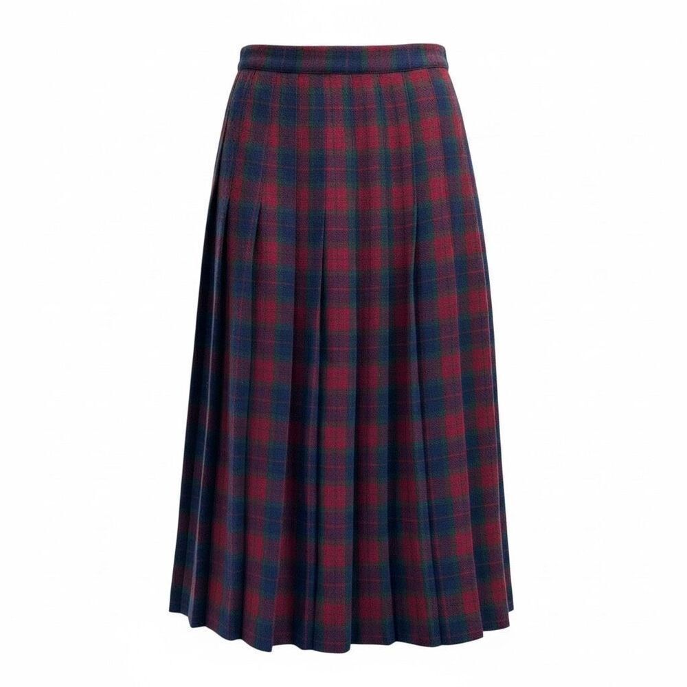 Stephanie Andrews Red Navy Wool Plaid Pleated Midi Skirt Vintage Preppy Size 8